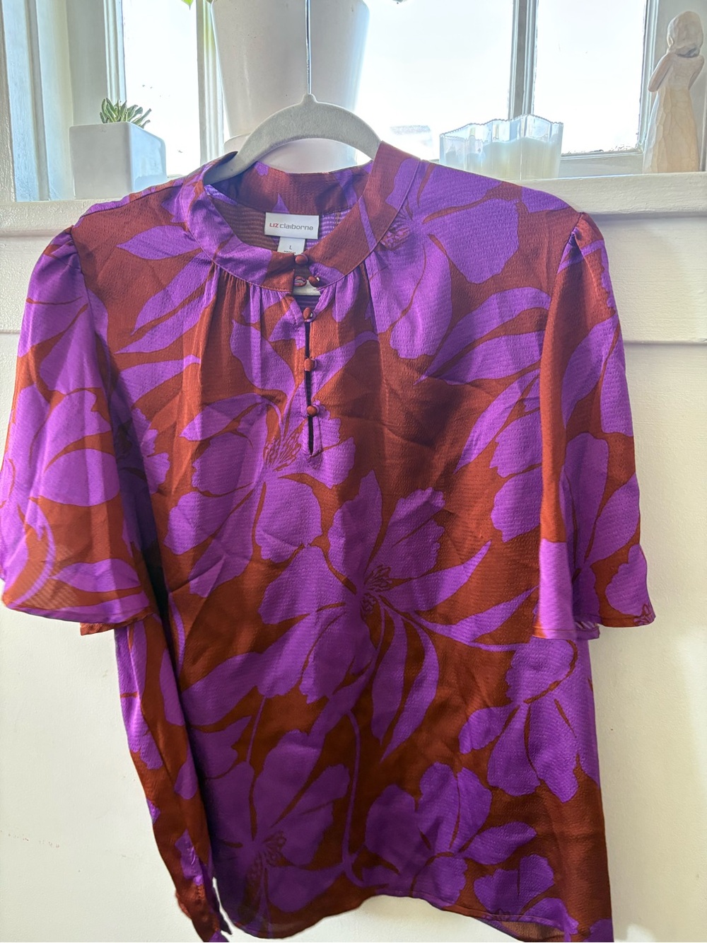 Liz Claiborne Rust and Purple Floral Button-Front Top